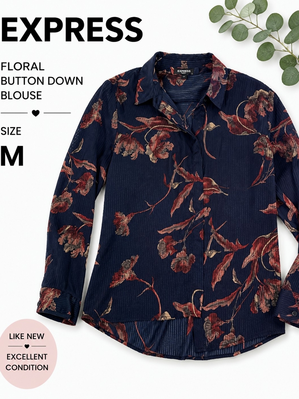 Express Navy Floral Button-Down Shirt with Rust Accents